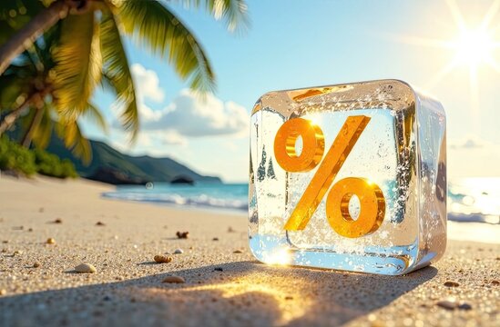 Neon glowing gold percentage sign in ice cube on seashore with tropical palm trees in light of sun, tourist background. Hot summer sale and discounts,  burning tour banner, flyer. 