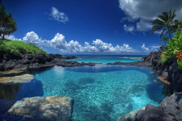 Fototapeta premium A serene tropical landscape featuring clear blue water, lush greenery, and dramatic clouds.