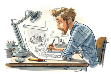 Cartoon Style Mechanical Blueprint Examination