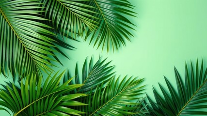 Lush Green Palm Fronds Arranged on a Mint Background, Perfect for Summer Designs and Tropical Themes