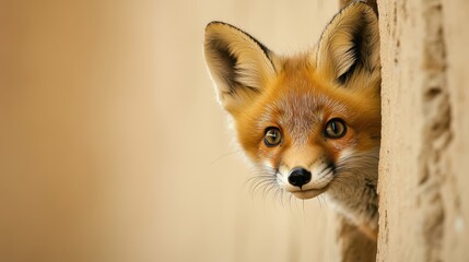 Curious fox peeking out from behind wall with captivating eyes and detailed fur showcasing beauty of wildlife in natural habitat
