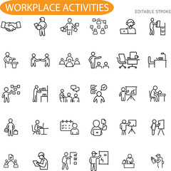 Workplace Activities Icons Depicting Office Tasks, Teamwork, and Collaboration