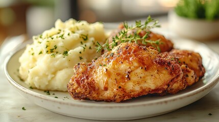 A plate featuring crispy fried chicken with mashed potatoes and herbs.