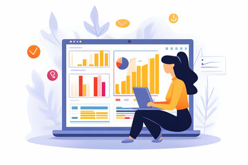 Data Analysis Illustration: Woman Working on Laptop