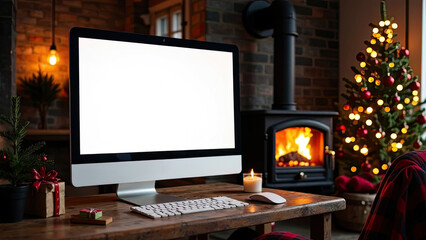 Home Computer Monitor with white screen mock up on table in the cozy home office of Christmas decor, Christmas tree and burning fireplace with garlands.