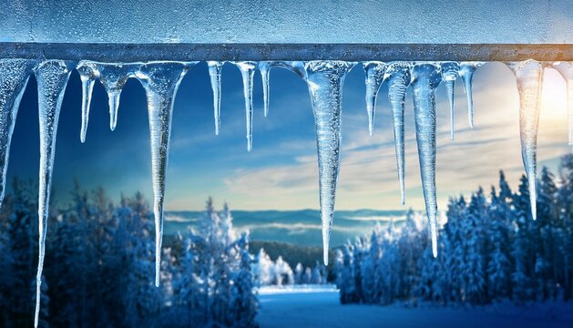 frosted window with glimmering icicles hanging from the ledge against a wintery background icycles icy seasonal