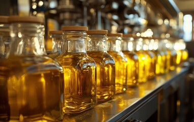 Golden olive oil bottles gleam, a sunlit scene of production, capturing the essence of quality and craftsmanship.