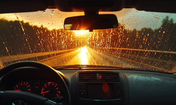 Sunset Drive Through Rain-Streaked Windshield