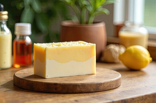 Handmade natural eco soap bar on wooden table with bottles with aromatize, dye and soap base. Gift, present, craft home hygiene. Hobby soap making, home made.