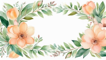 Fototapeta premium elegant floral watercolor frame with delicate peach and green leaves