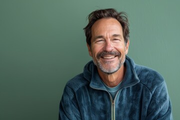 Obraz premium Portrait of a grinning man in his 50s wearing a thermal fleece pullover isolated in pastel green background