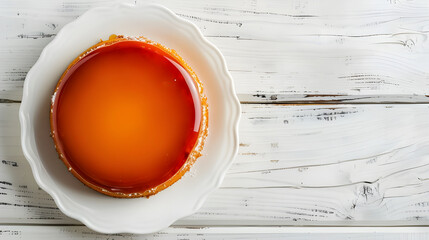 Caramel custard flan on white plate, wooden background.