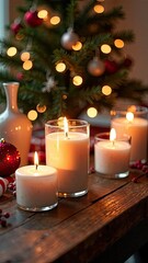 Handmade natural eco flaming candle on a Christmas background. Gift, present, craft for New Year and Christmas. Hobby candle making, home made.