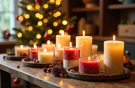 Handmade natural eco flaming candle on a Christmas background. Gift, present, craft for New Year and Christmas. Hobby candle making, home made.