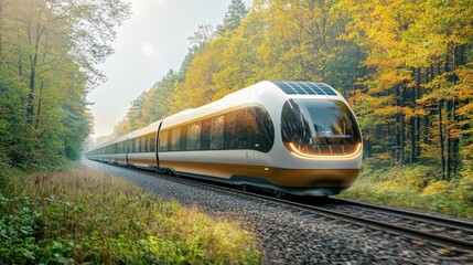 Fototapeta premium The futuristic eco friendly electric train is equipped with advanced regenerative braking technology, solar panels on the roof for sustainable energy generation