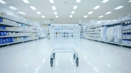 Empty Shopping Cart in a Bright and Spacious Aisle of a Modern Pharmacy with Shelves Full of Products and Fluorescent Lighting Enhancing the Clean and Organized Atmosphere