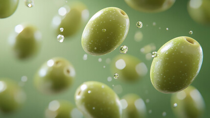 Multiple green olives suspended in water with bubbles and a soft green background