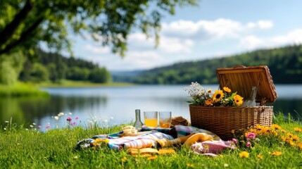[Outdoor picnics festivities escape] Secluded Riverbank Picnic with Wildflowers and Fresh Fruit