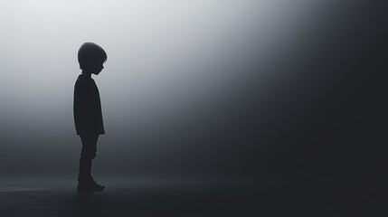 Fototapeta premium Silhouette of a little boy looks into dark. Concept of loneliness and violence at home.