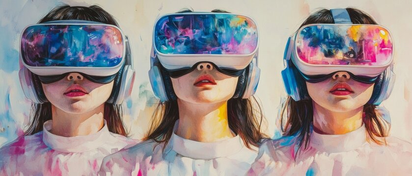 Three individuals engage with virtual reality headsets in a vibrant environment, showcasing immersive learning experiences in metaverse education