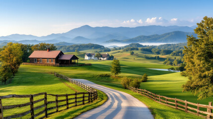 picturesque farm with wooden fence and rolling hills