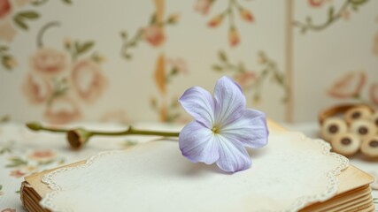 Fototapeta premium A delicate lavender blossom rests gently on an antique album with lace trim, creating a serene and nostalgic scene.