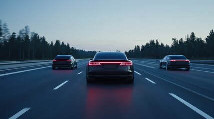 Fototapeta premium Three Modern Cars in Motion on a Highway Surrounded by Trees at Dusk, Featuring Sleek Designs and Futuristic Taillights in a Serene Landscape