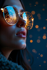 The model is wearing glass sunglasses with stars and the moon