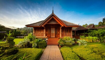 Traditional Wooden House in Indonesia. Generative AI
