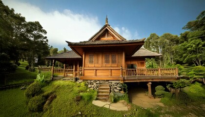 Traditional Wooden House in Indonesia. Generative AI