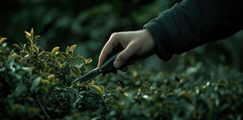 A hand using scissors to trim green foliage in a garden setting.