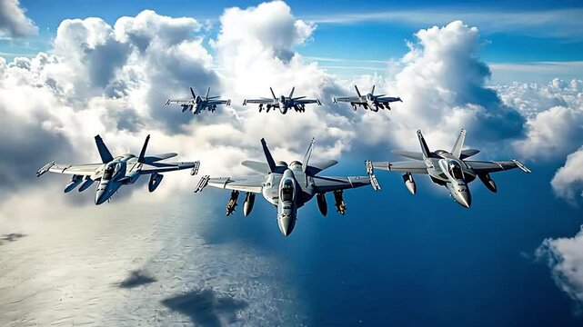 fighter jets fly in formation over the ocean. 4k video