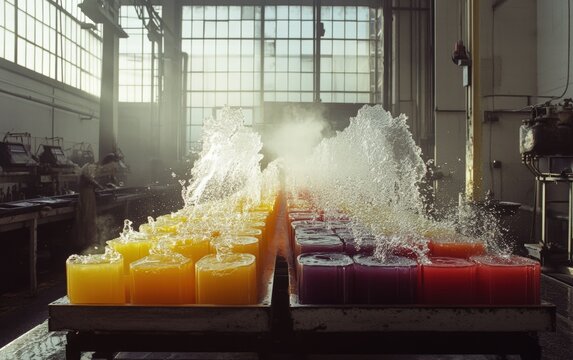Vibrant juice factory: Rows of colorful juice containers undergoing a refreshing water process.  A captivating glimpse into the production line!