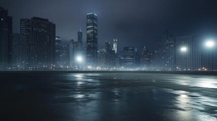 Obraz premium A moody cityscape at night with reflections on wet pavement and illuminated buildings.