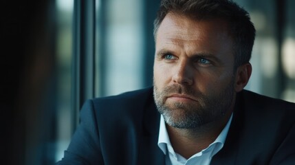Obraz premium A man in a suit is looking out the window with a serious expression on his face