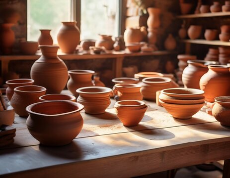 pottery workshop filled with handmade clay pots and ceramics