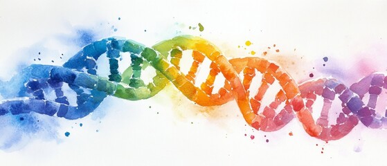 Colorful watercolor representation of DNA strands demonstrates the process of gene editing, showcasing vibrant hues and a creative artistic flair