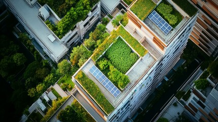Aerial view of green roofs and solar panels on modern buildings.