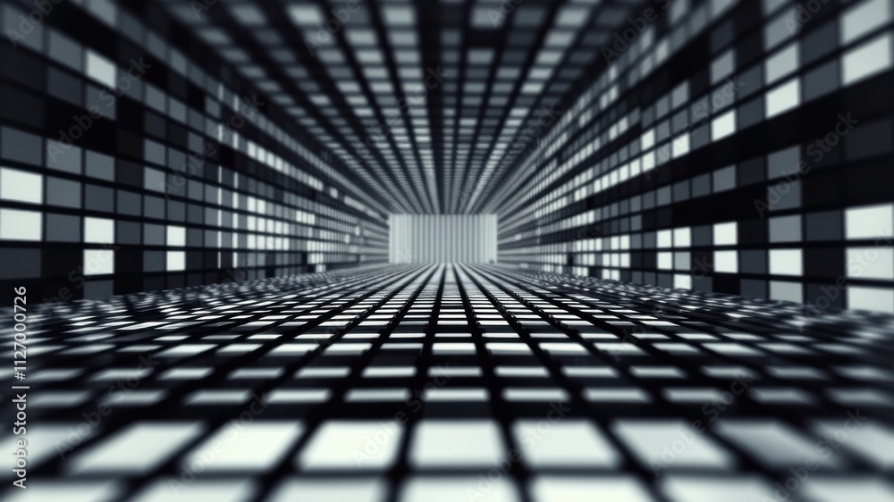 Wall mural abstract digital tunnel of illuminated squares and rectangles