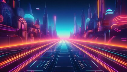 Fototapeta premium a vibrant futuristic cityscape with neon lights and a glowing horizon