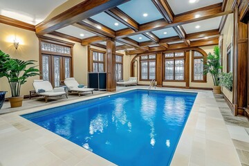 Indoor swimming pool with wooden beams and large windows for leisure and relaxation.