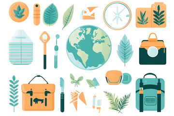 A photo of eco-friendly travel icons, including a globe with green leaves, sustainable travel gear, and eco-conscious symbols, displayed in a clean and minimalist style


