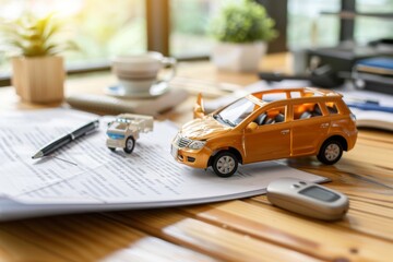 Colorful Toy Car on Wooden Desk Surrounded by Papers, Pen, and Small Model Vehicle in Bright Natural Light for Creative Concept Imagery