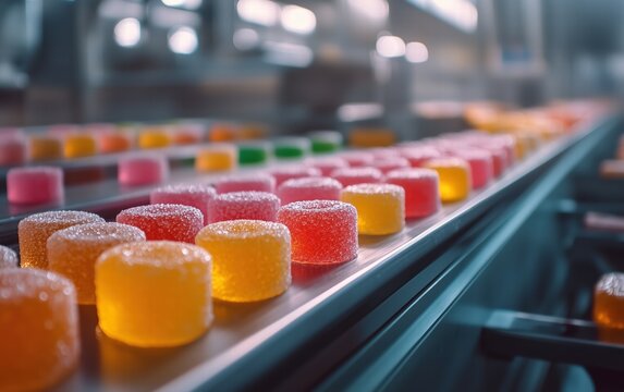 Vibrant jelly candies glide along a modern factory conveyor belt, a delicious journey from production to packaging. Sweet success!