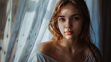 Thoughtful young woman with pensive expression gazing through sheer studio curtains natural light highlighting her natural beauty and serene mysterious mood