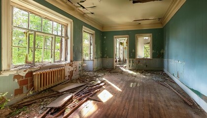 abandoned home interior with damaged walls and flooring