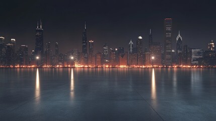Fototapeta premium Nighttime city skyline with reflections on a calm surface.