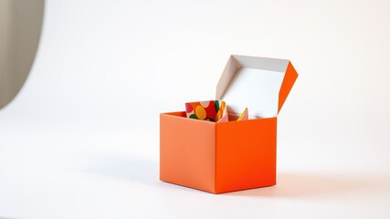 A partially opened vibrant orange gift box with colorful patterned paper inside, sitting on a white surface