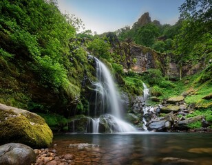 Fototapeta premium this stunning waterfall in a remote mountain area is surrounded by lush greenery and towering rocks creating a refreshing atmosphere perfect for relaxation and reflection