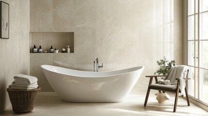 A white bathtub with a wooden chair in front of it